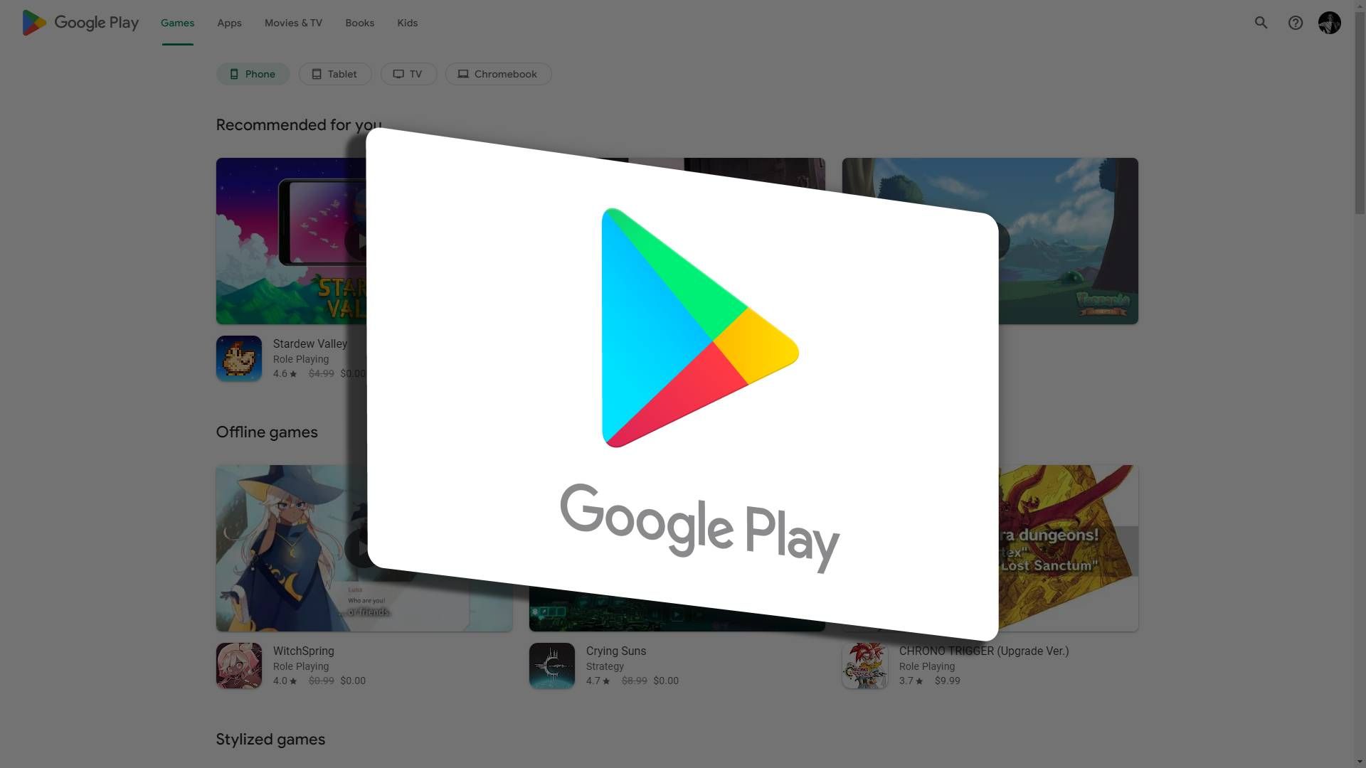 Cartão do Google Play na frente da tela do Google Play