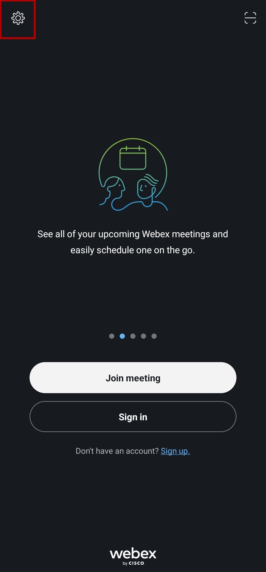 Página inicial móvel do Webex Meet