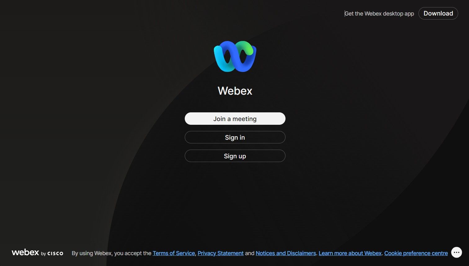 Página de login do aplicativo Webex