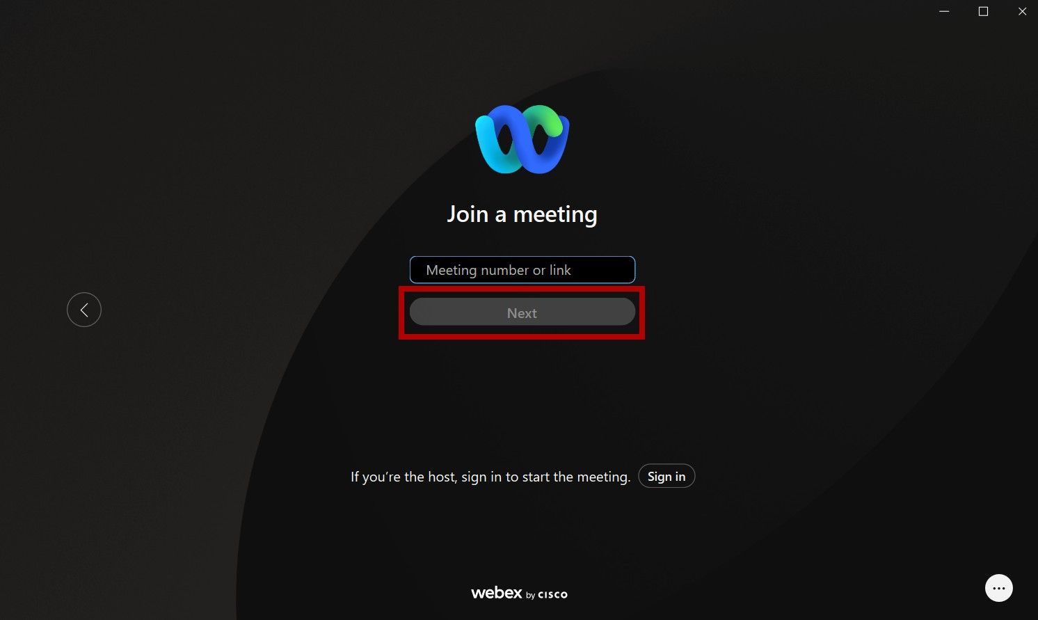 Página de ingresso na reunião do Webex Windows