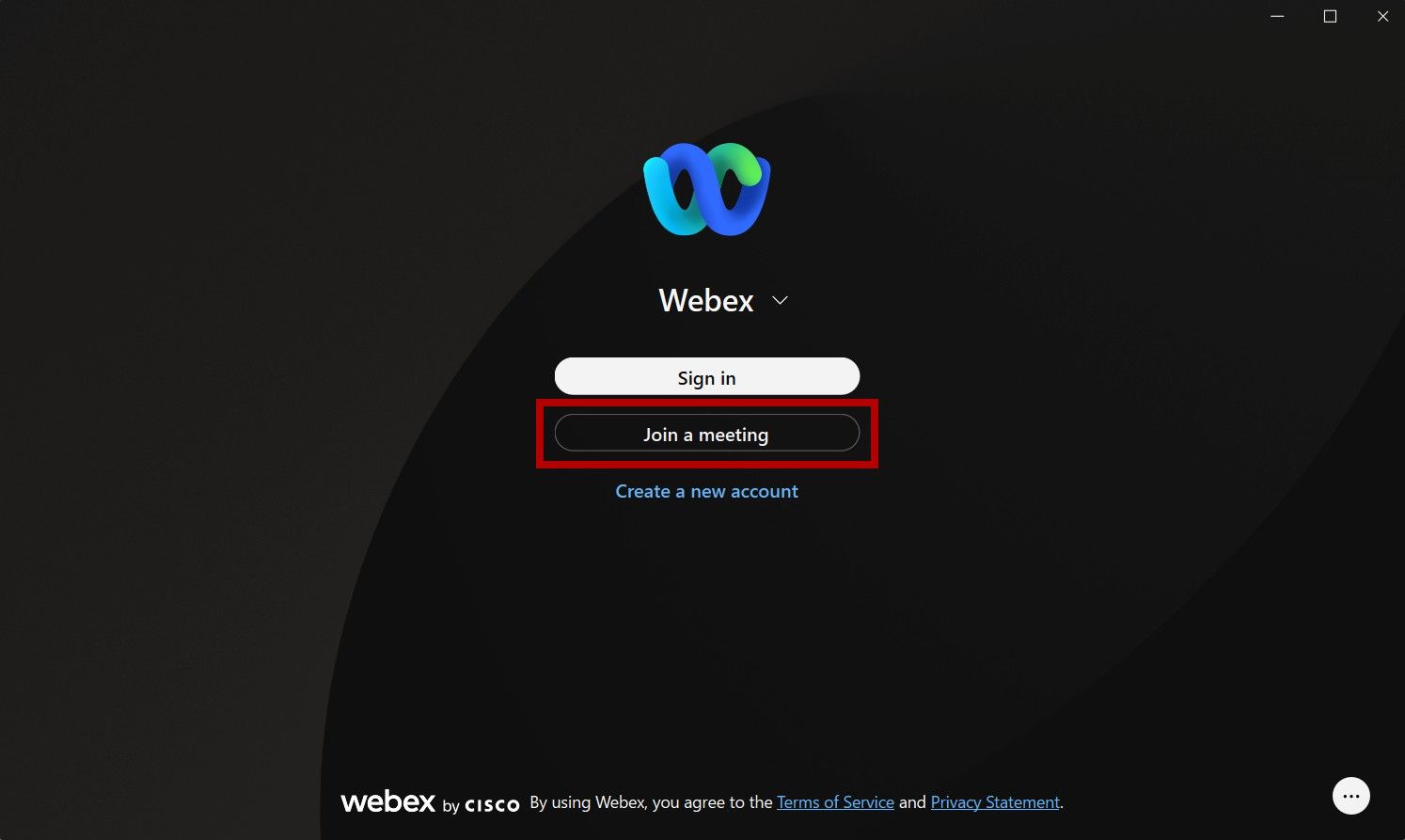 Página de login do Webex Windows