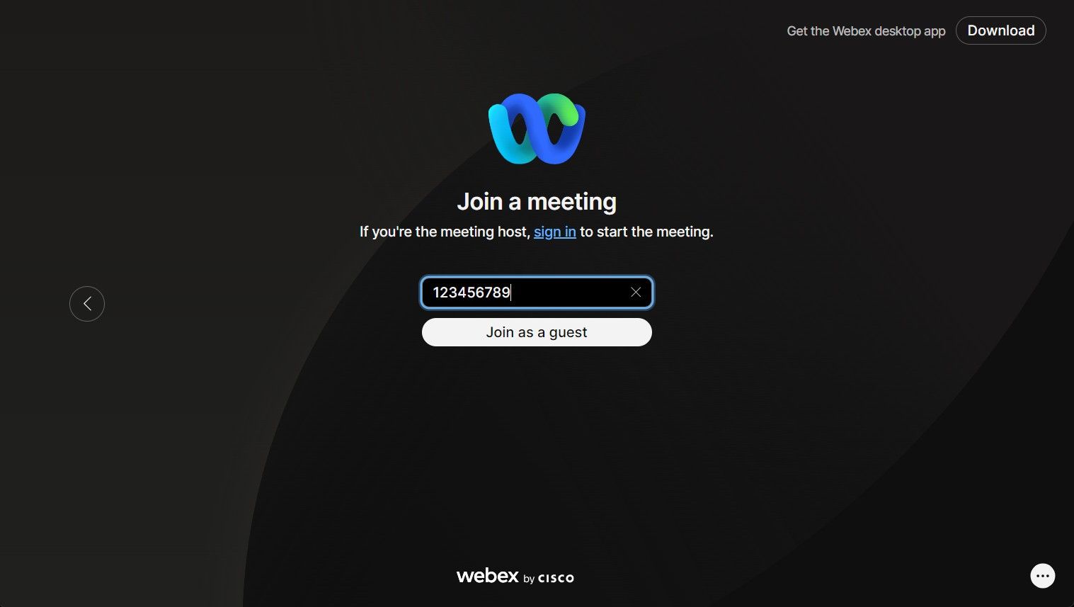 Página de ingresso no aplicativo da web Webex