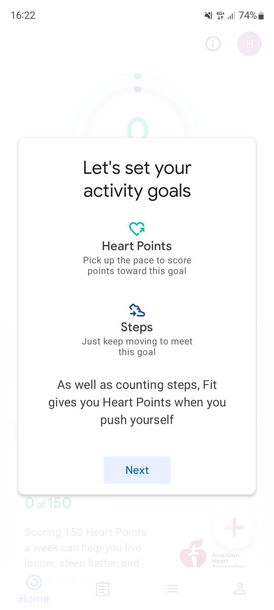 A tela Vamos definir suas metas de atividade no Google Fit