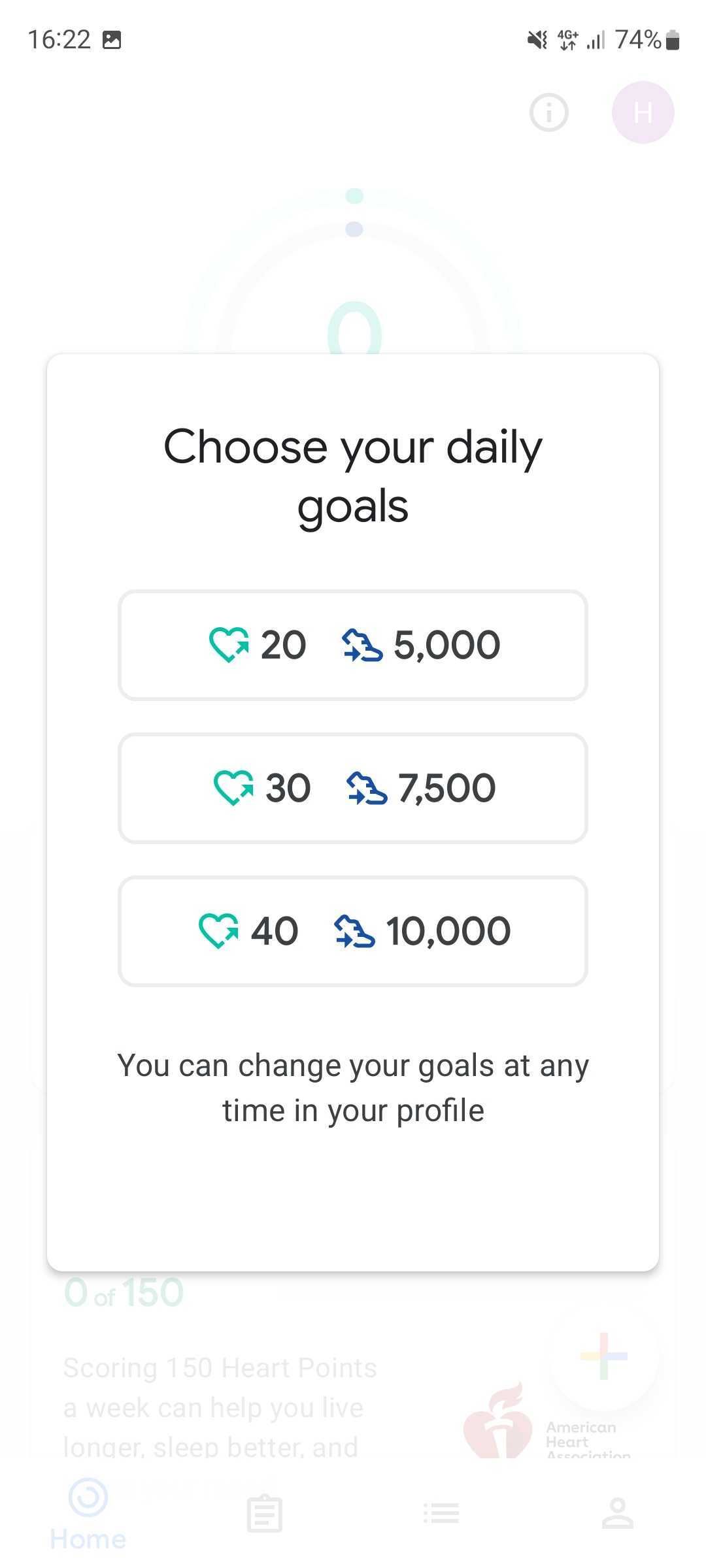 Captura de tela do app Google Fit solicitando que o usuário escolha suas metas de atividade diária