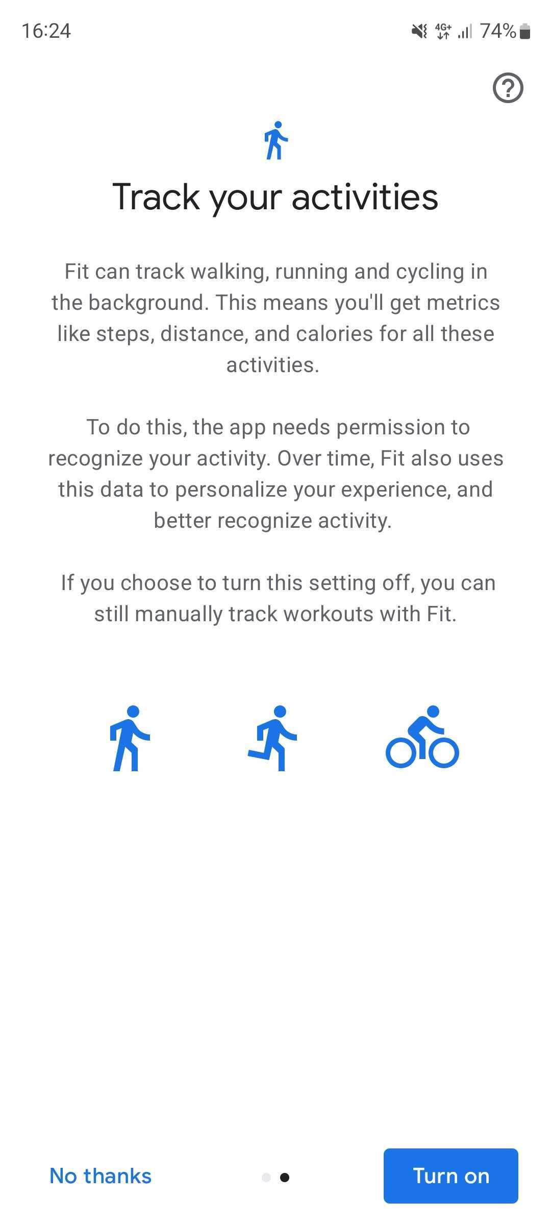 Captura de tela do app Google Fit perguntando se o monitoramento automático de atividades deve ser ativado