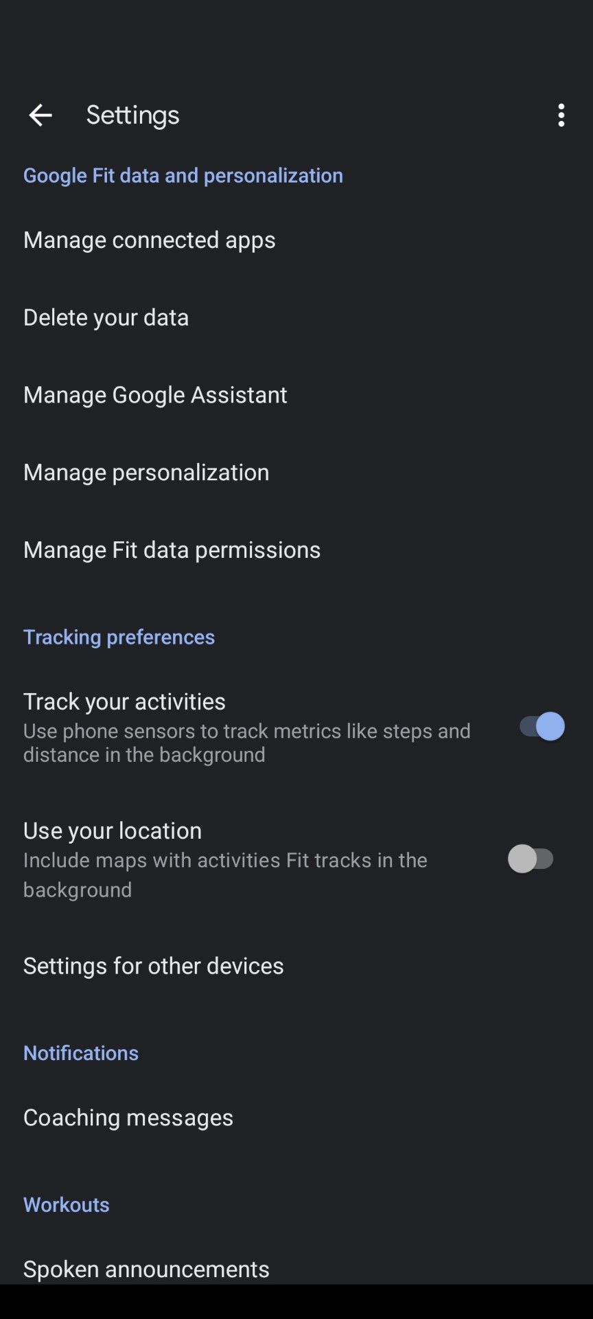 A tela de configurações do aplicativo Google Fit