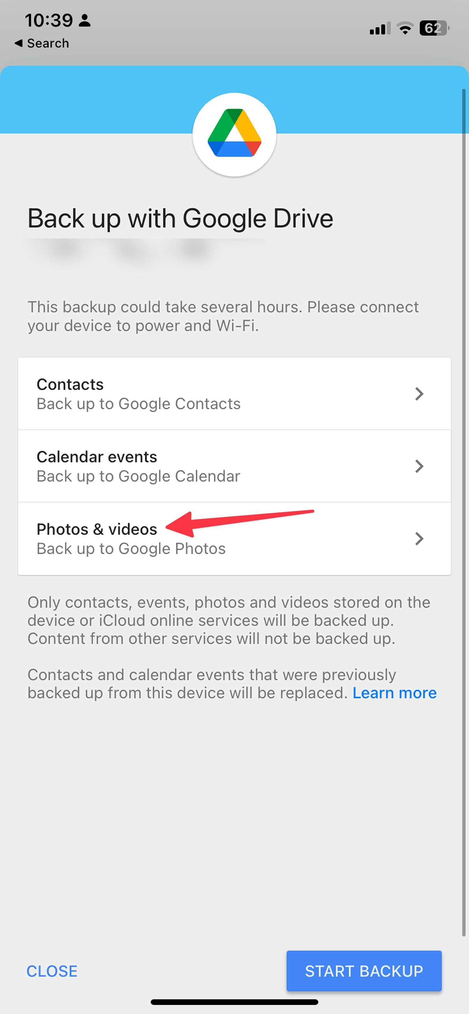 Ative o botão de alternância Fazer backup no Google Fotos.