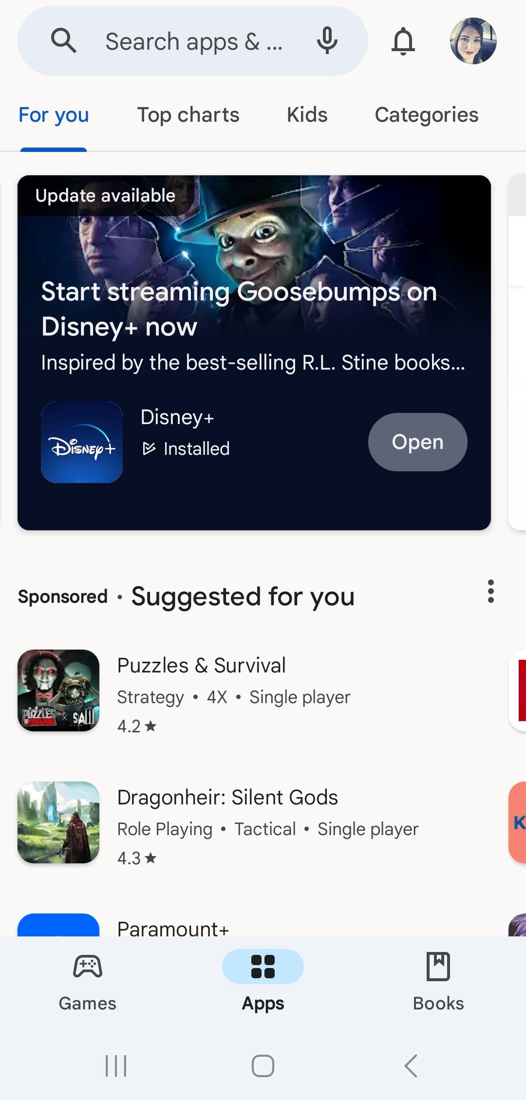 página inicial da Google Play Store com anúncios