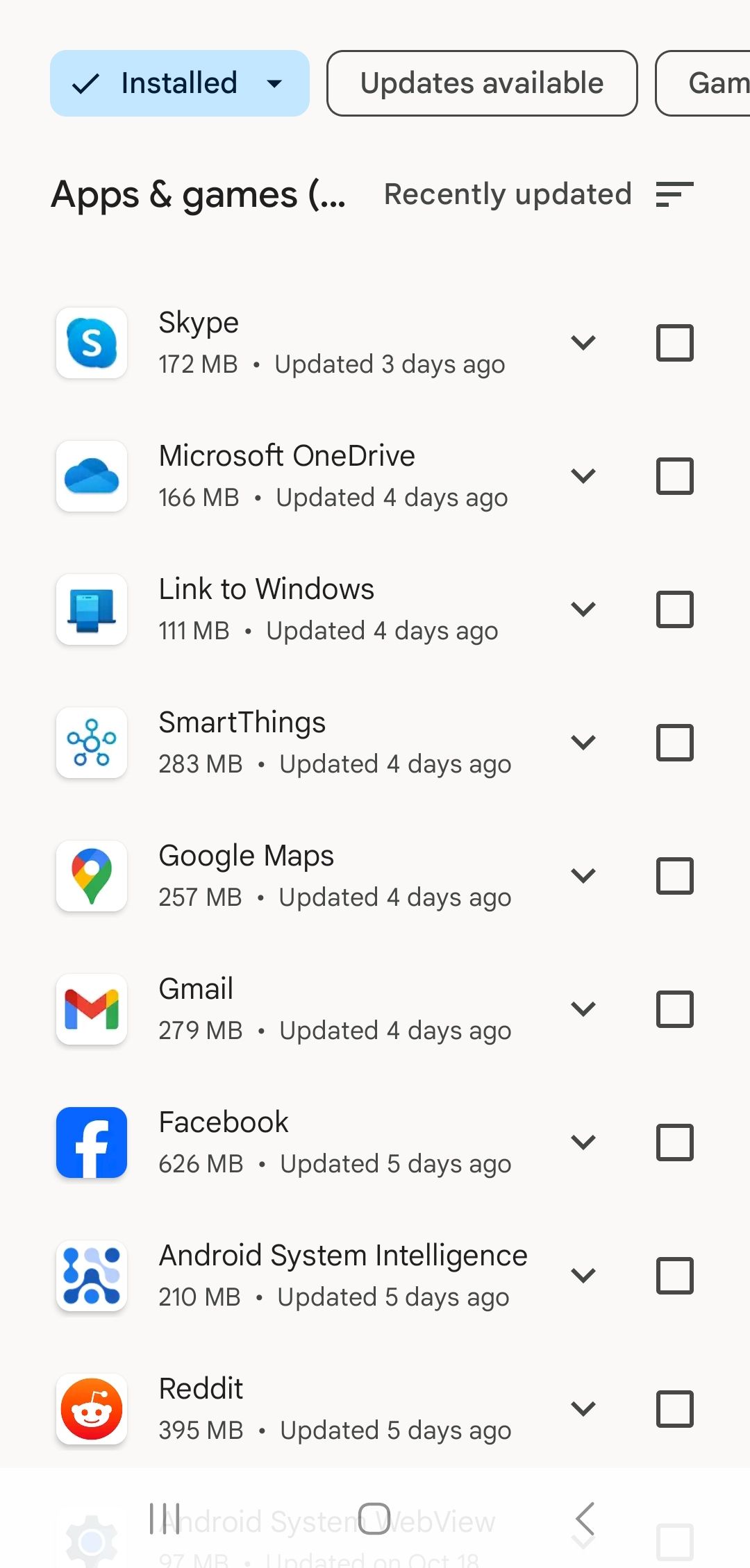 lista de atualizações instaladas para aplicativos não verificados na Google Play Store