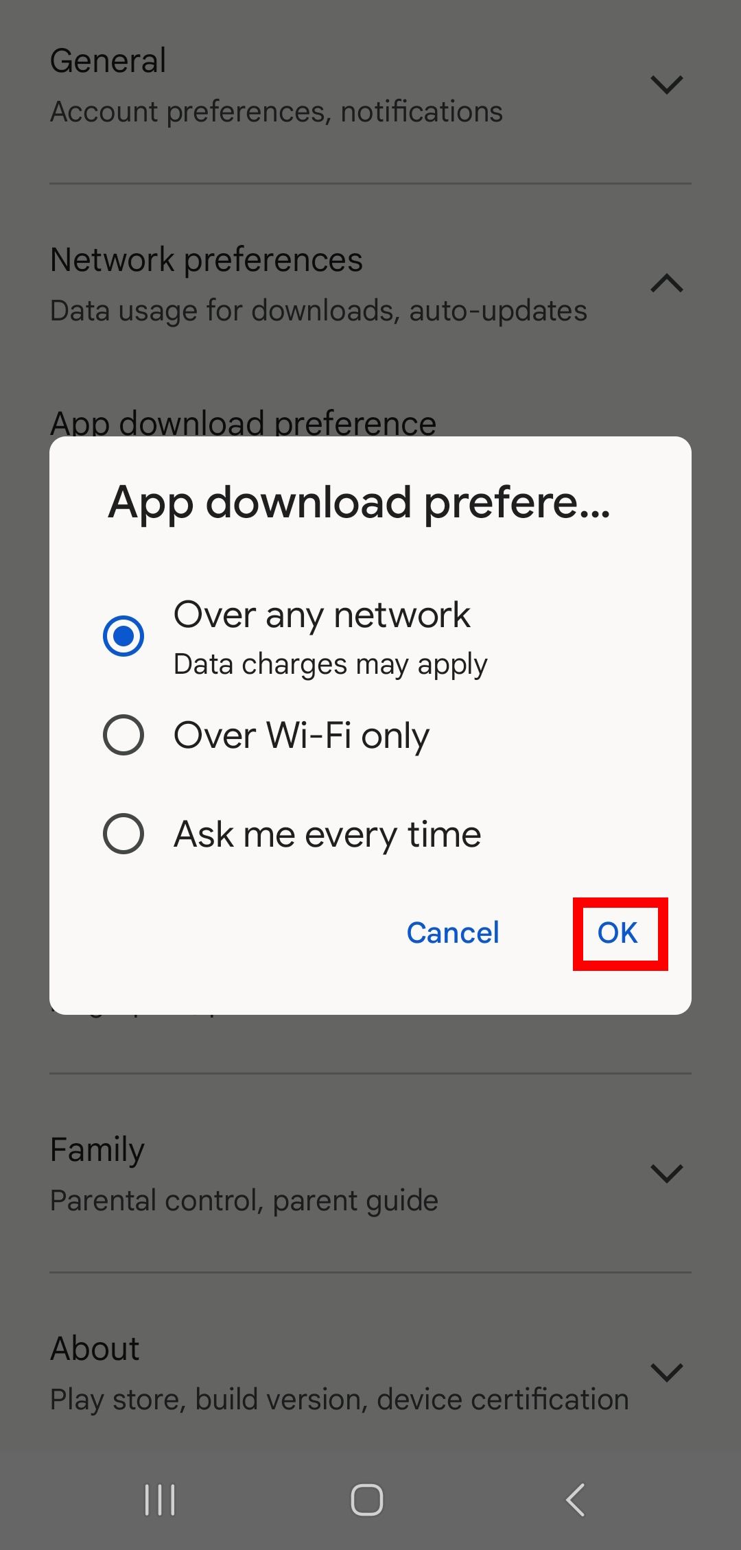 contorno do quadrado vermelho sobre o botão ok na janela de preferências de download do aplicativo