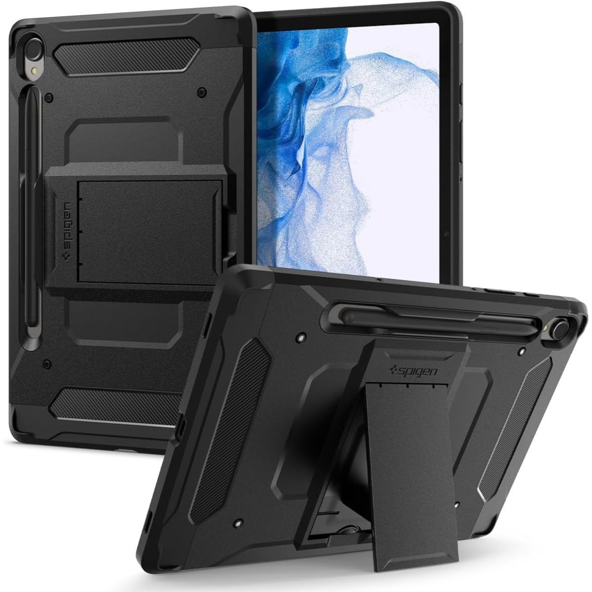 Spigen Tough Armor Pro para Galaxy Tab S9, vistas frontal, traseira e do suporte