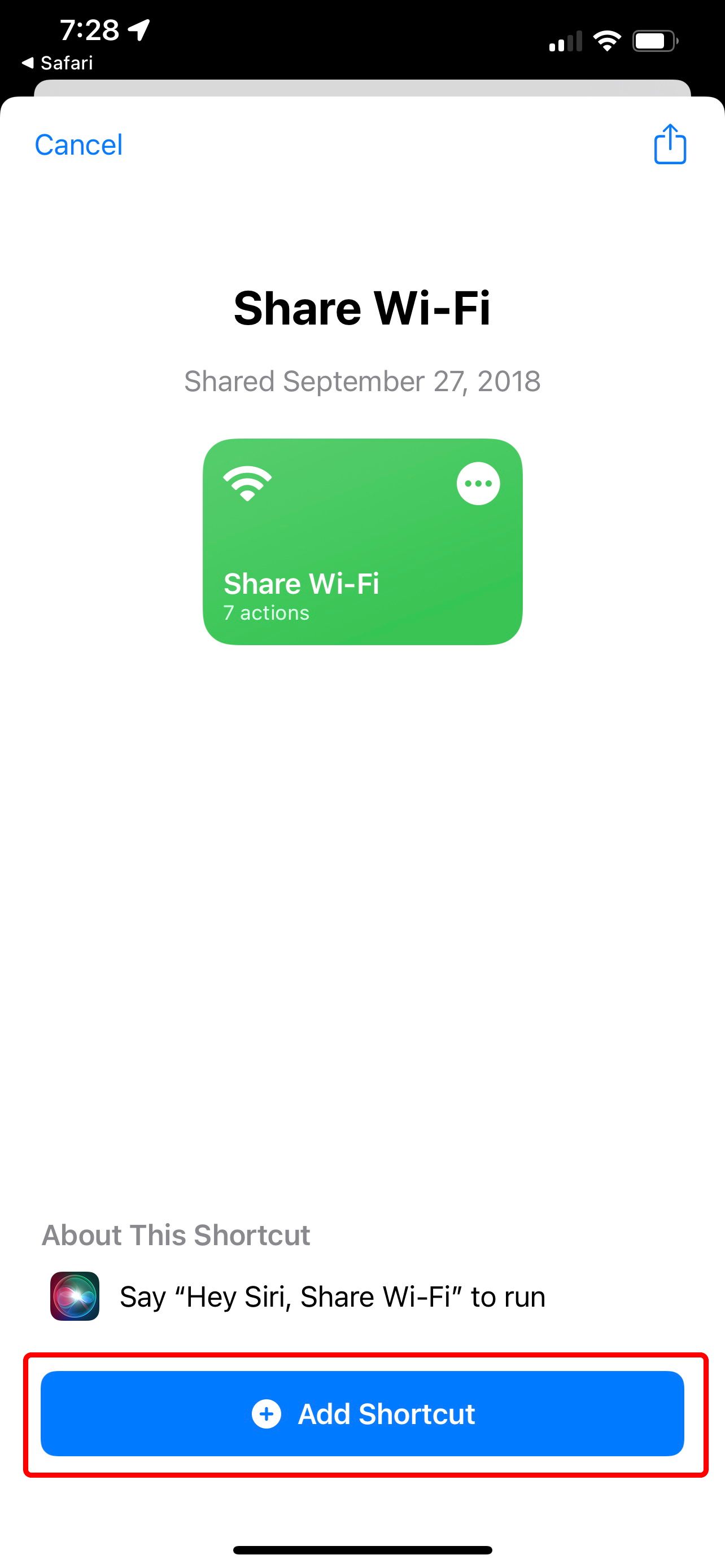 compartilhe a página de atalho de wifi com o botão adicionar atalho destacado