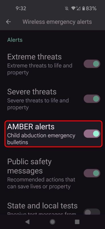 menu de alertas de emergência sem fio do Android, destacando o botão Alertas Âmbar.