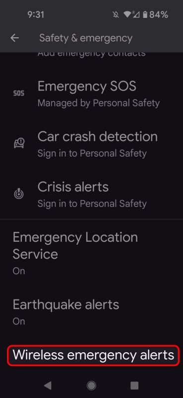 menu de segurança e emergência do Android, destacando a opção Alertas de emergência sem fio.