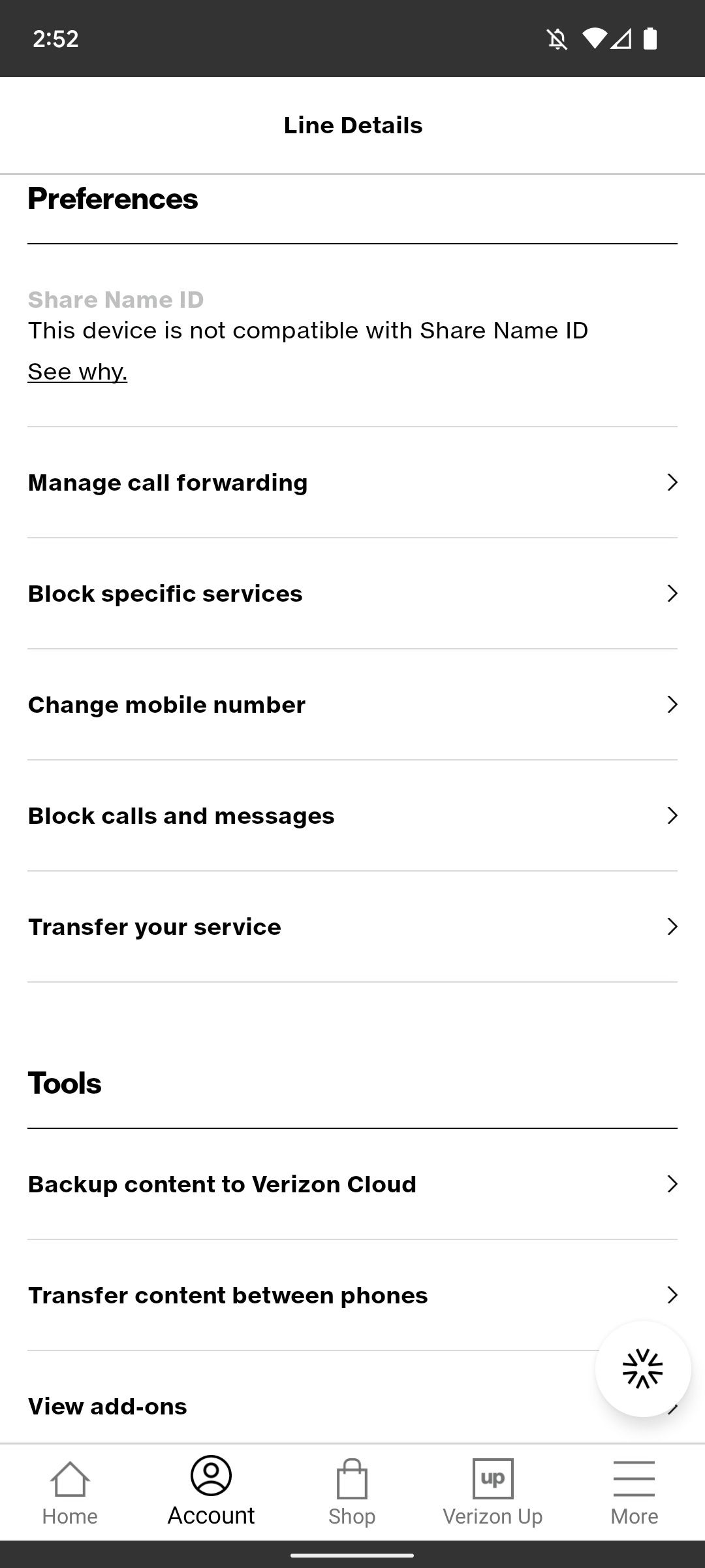 Captura de tela da configuração de encaminhamento de chamadas no menu de preferências do aplicativo My Verizon.