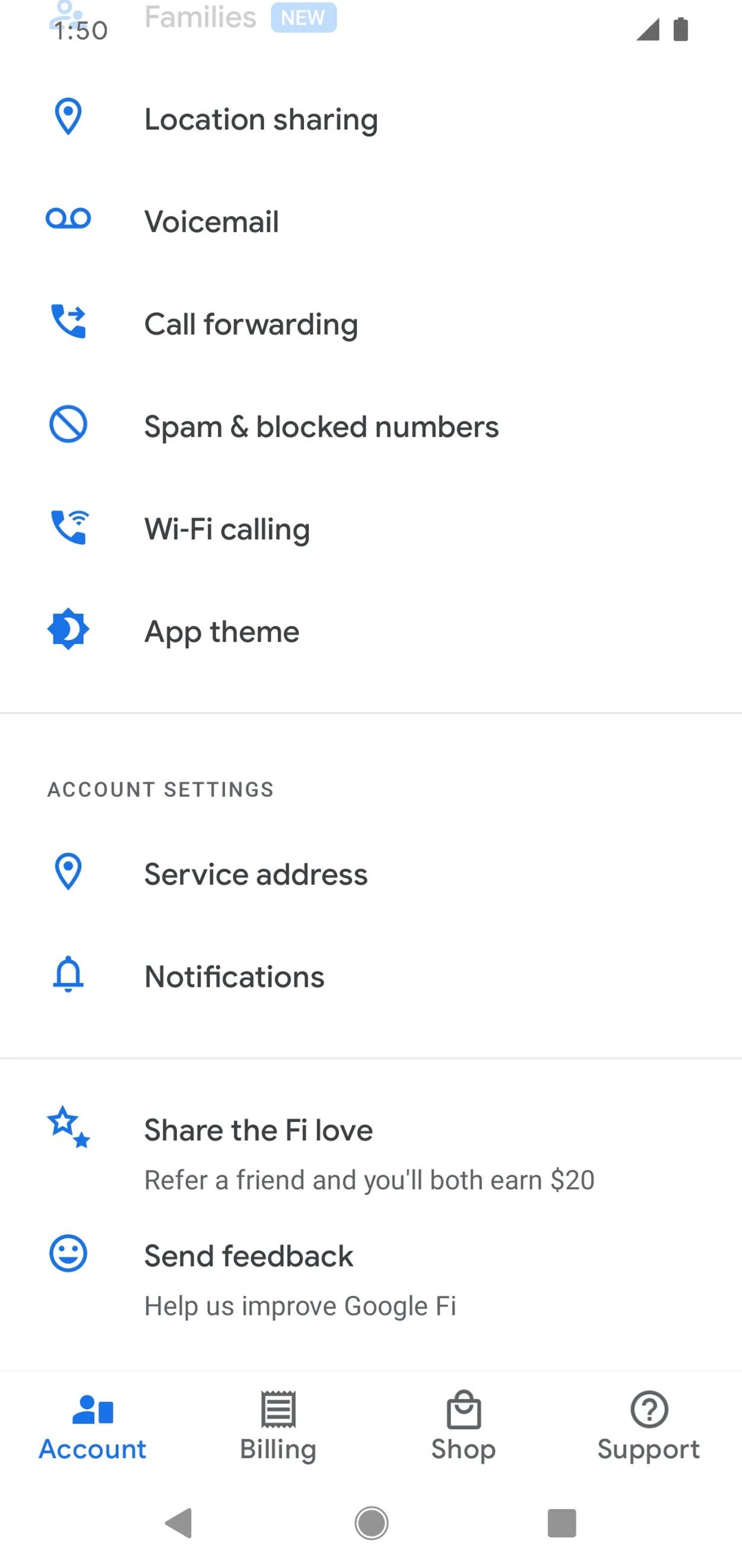 Captura de tela do menu de configurações da conta do aplicativo Google Fi.