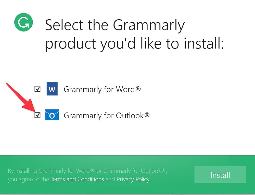 Habilite a marca de seleção ao lado de Grammarly for Outlook