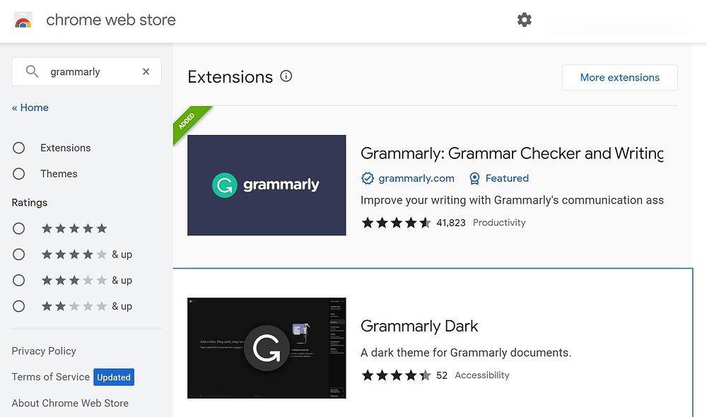 Extensão gramatical na loja virtual do Chrome