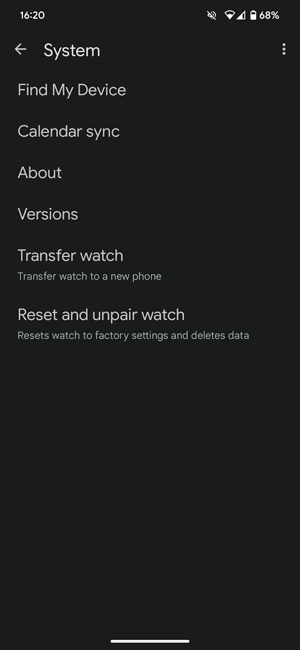 captura de tela das configurações do sistema do aplicativo Pixel Watch