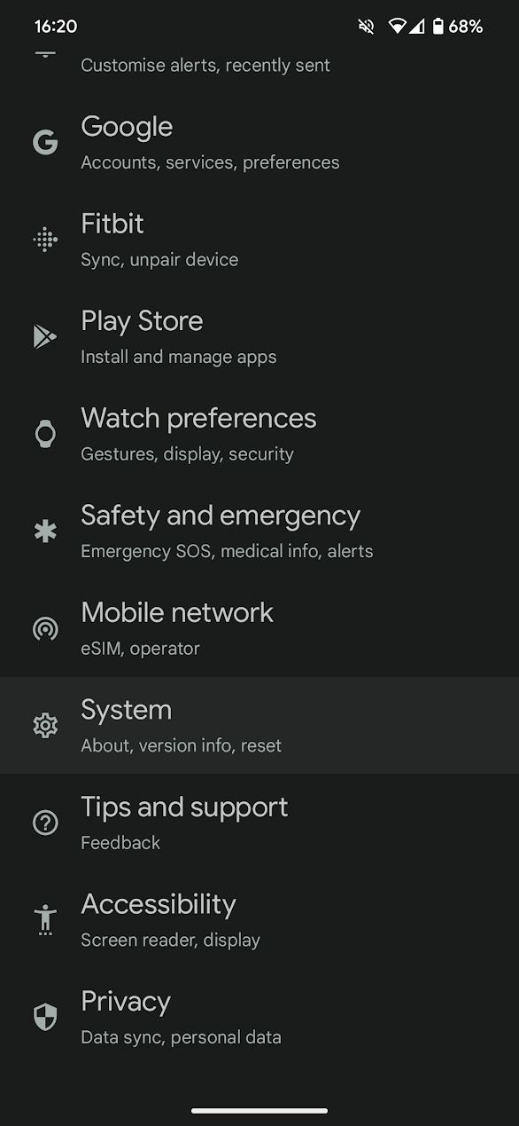 captura de tela das opções da tela inicial do aplicativo Pixel Watch