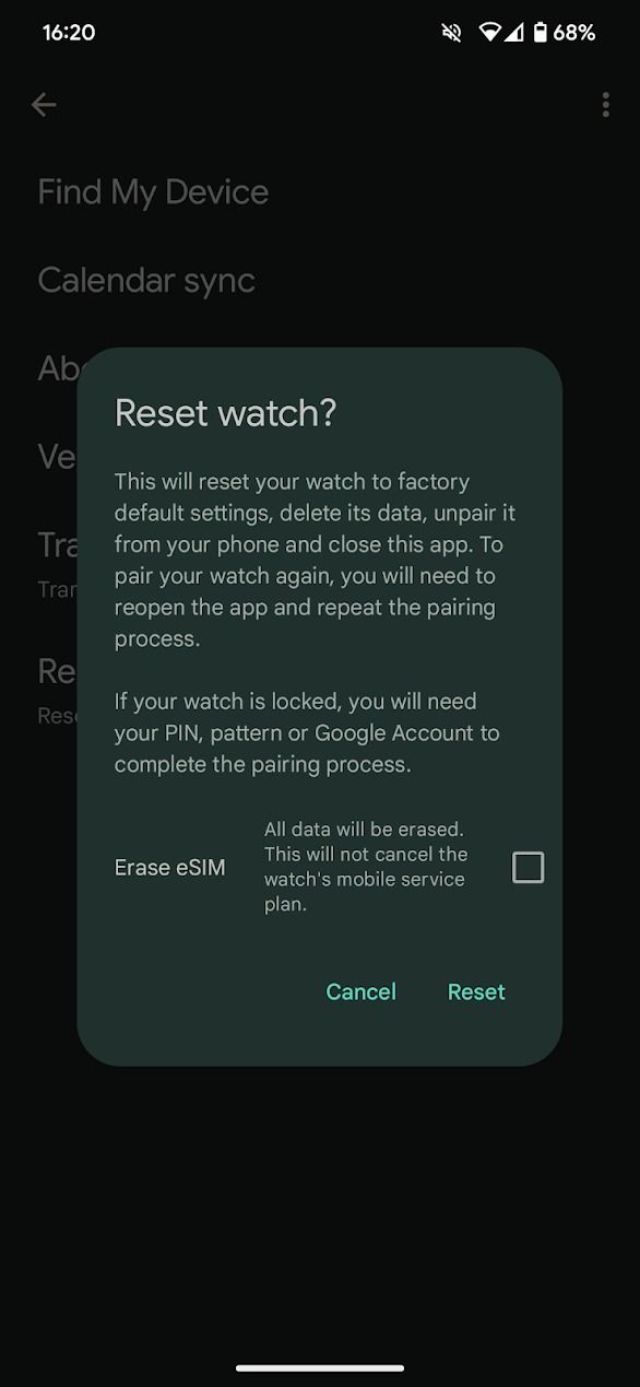 captura de tela do prompt de redefinição do aplicativo Pixel Watch