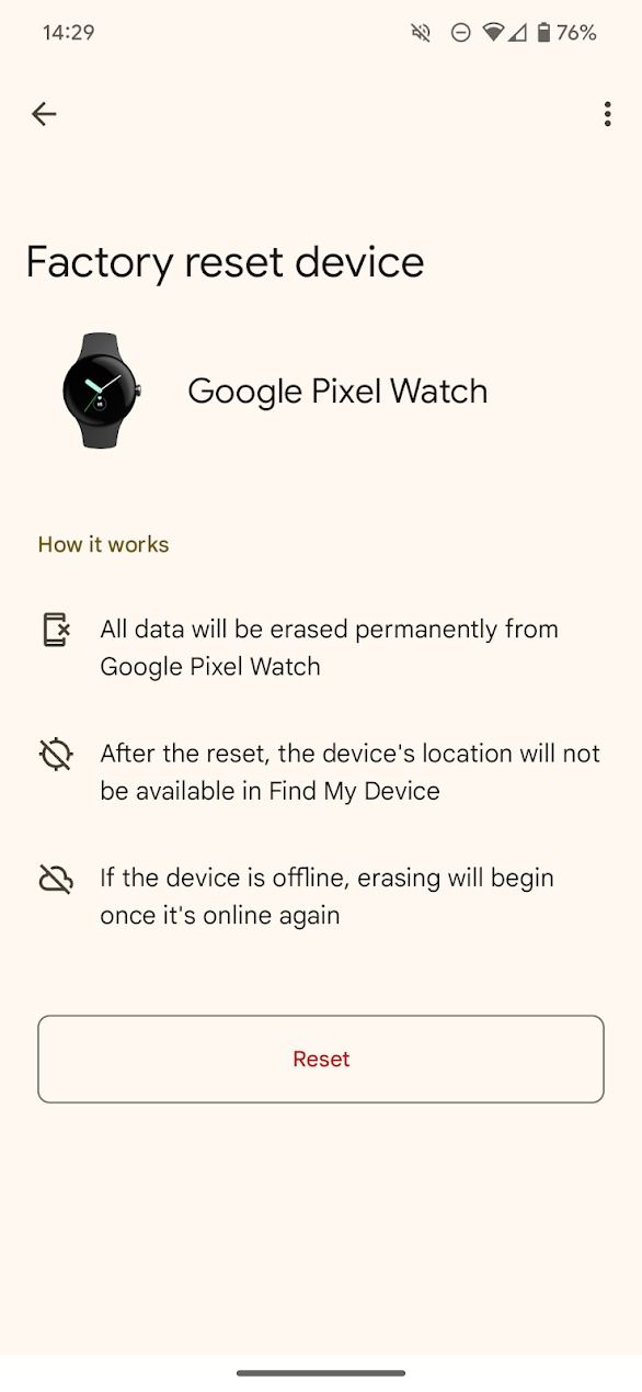captura de tela da confirmação de redefinição do relógio de pixel para encontrar meu dispositivo