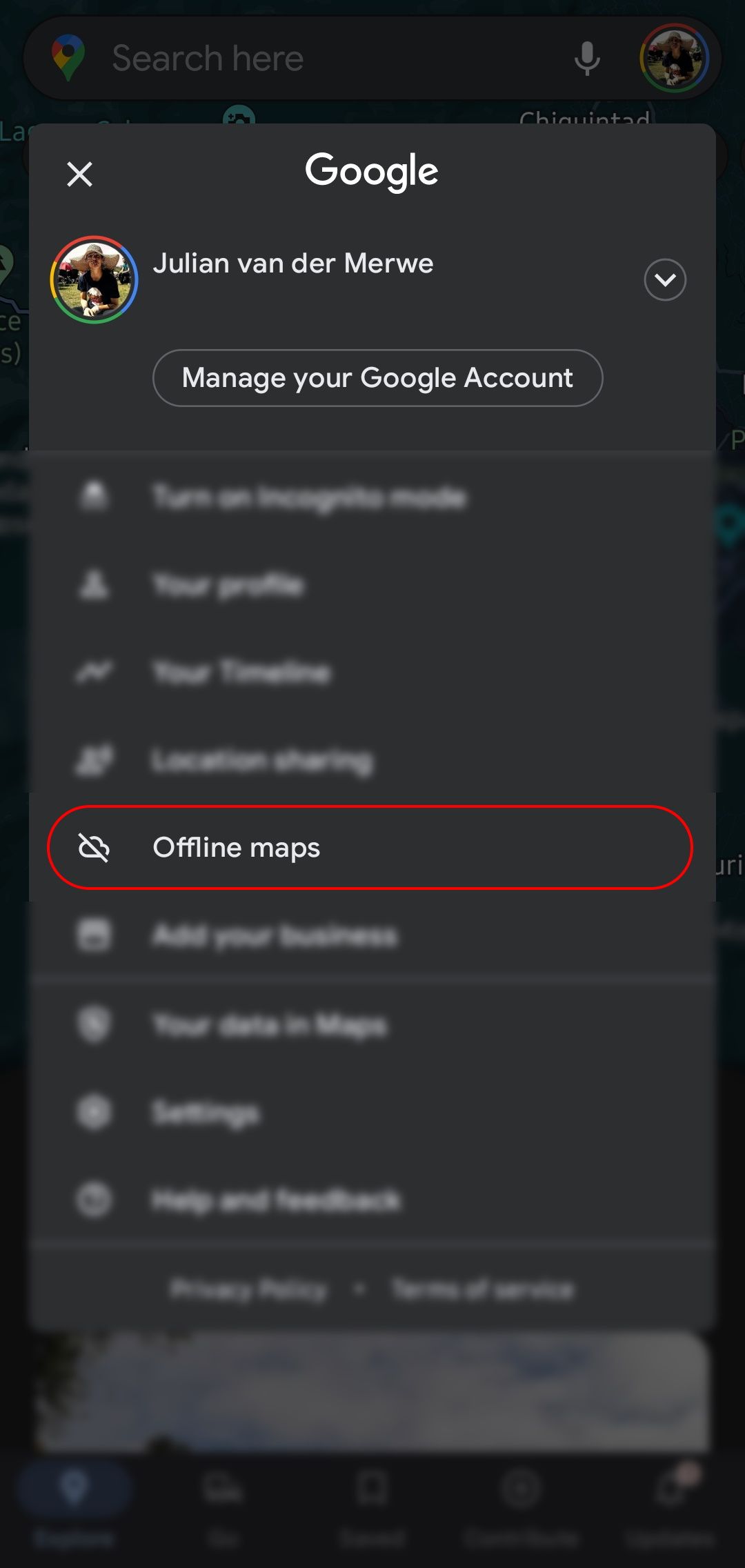 menu suspenso do Google Maps com a opção de mapas off-line selecionada