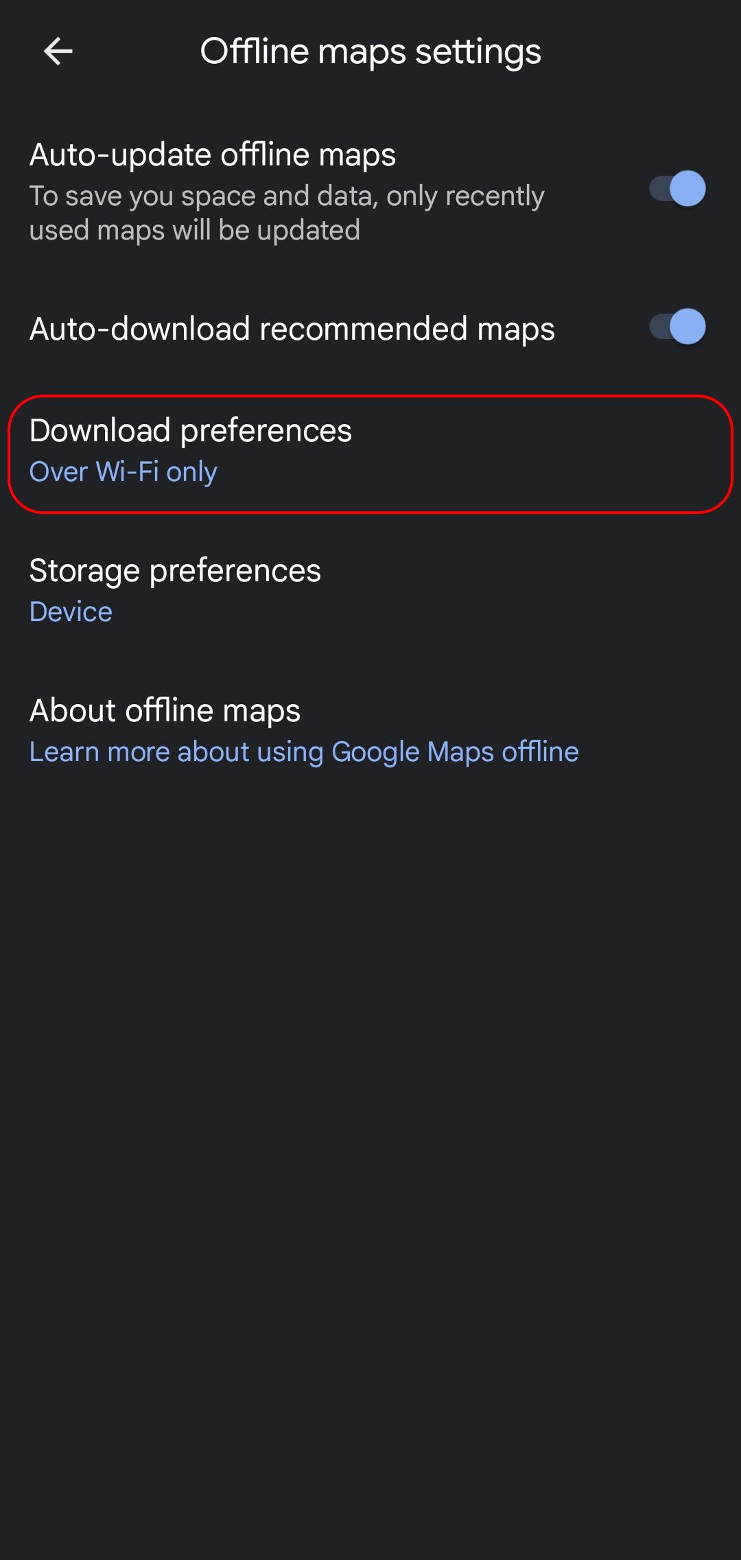 página de configurações de mapas off-line do Google Maps com o botão de preferências de download destacado