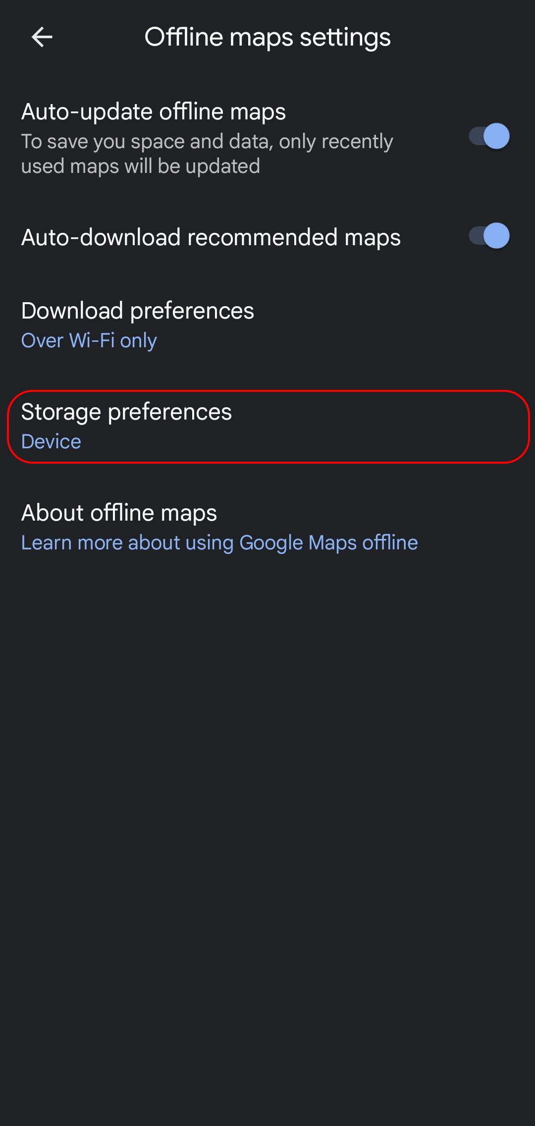página de configurações de mapas off-line do Google Maps com a opção de preferências de armazenamento destacada