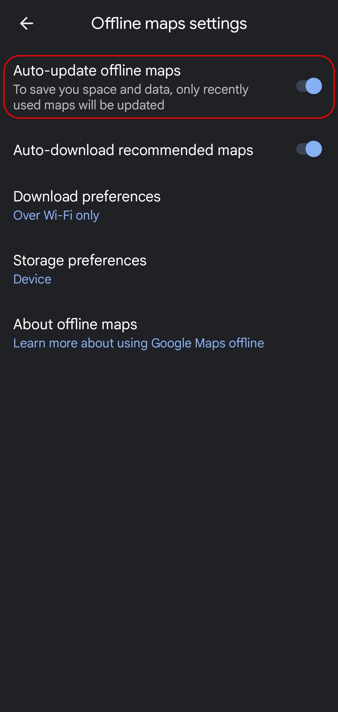 página de configurações de mapas off-line do Google Maps com alternância de atualização automática de mapas off-line em destaque