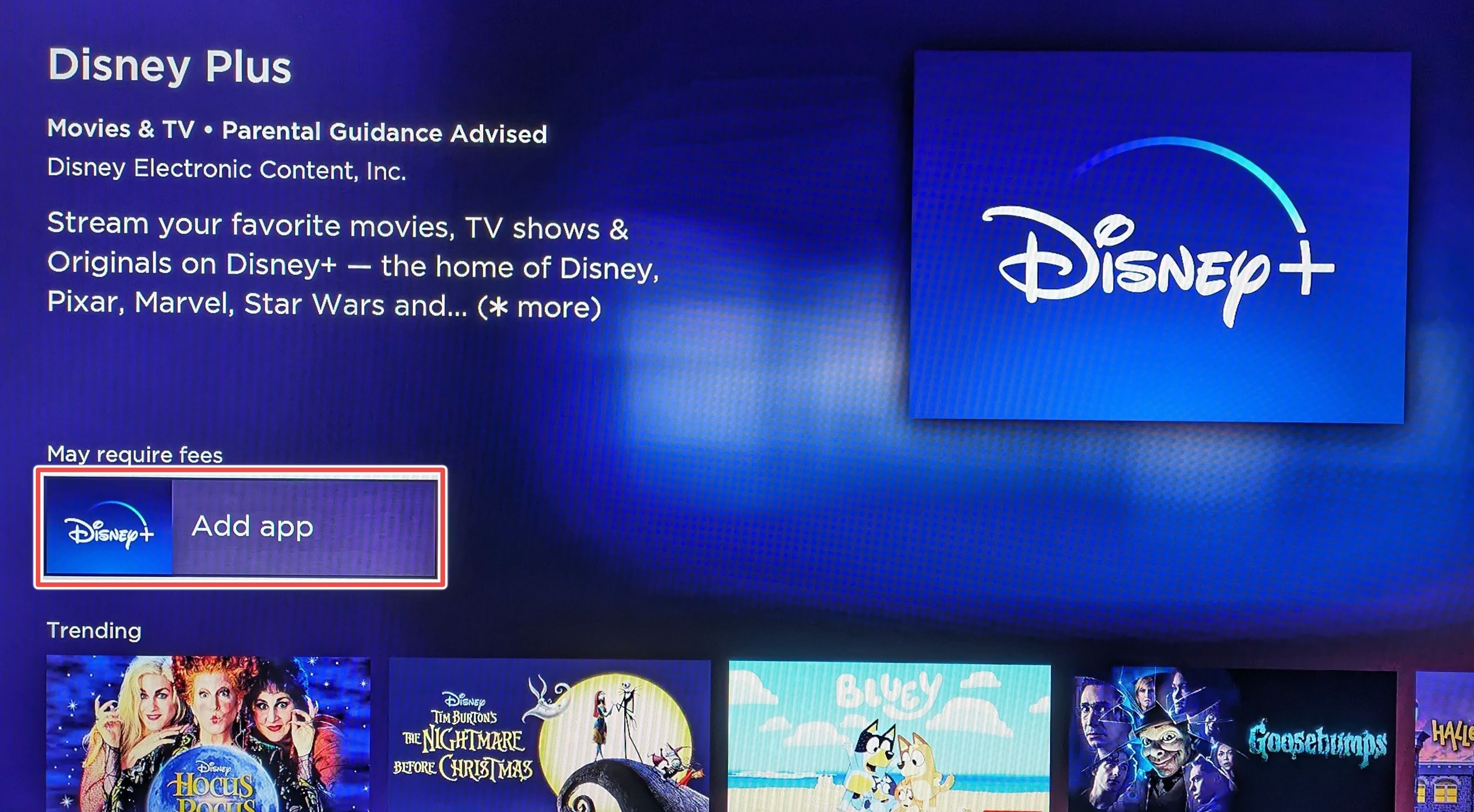 O botão ‘Adicionar aplicativo’ destacado no canal Roku Disney Plus