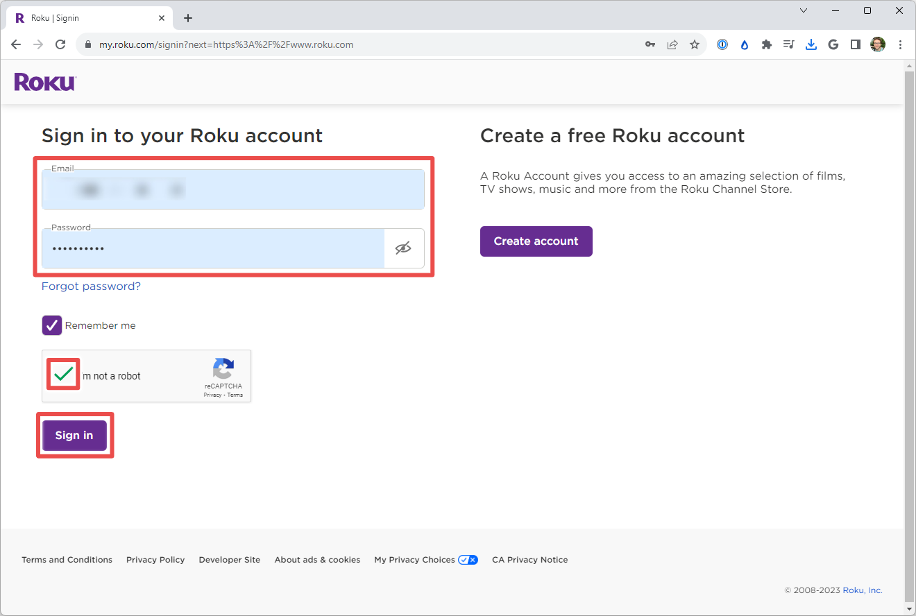 O prompt de login e a verificação do reCAPTCHA no site do Roku