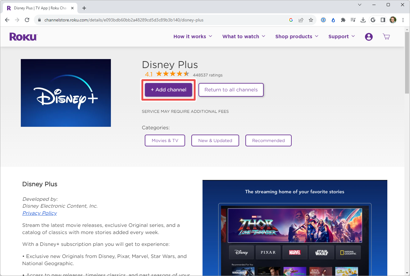 O botão ‘Adicionar canal’ na página do canal Disney Plus Roku
