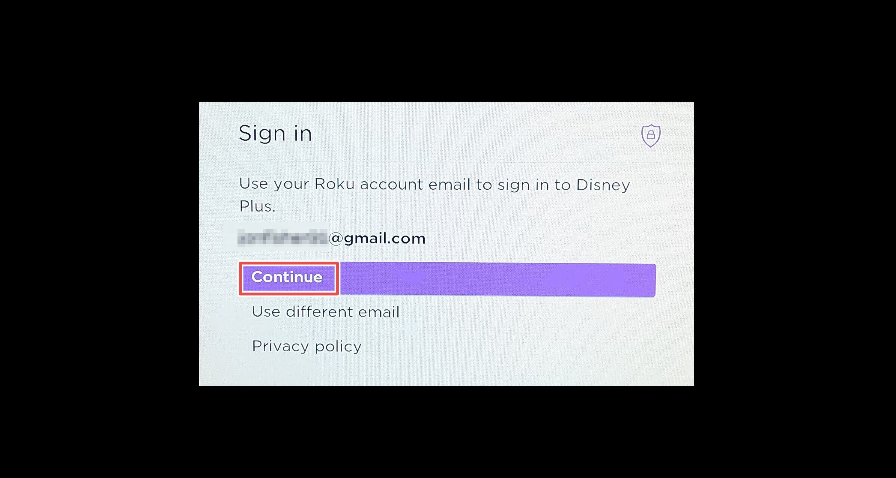 O botão continuar destacado na página de login do Disney Plus no Roku