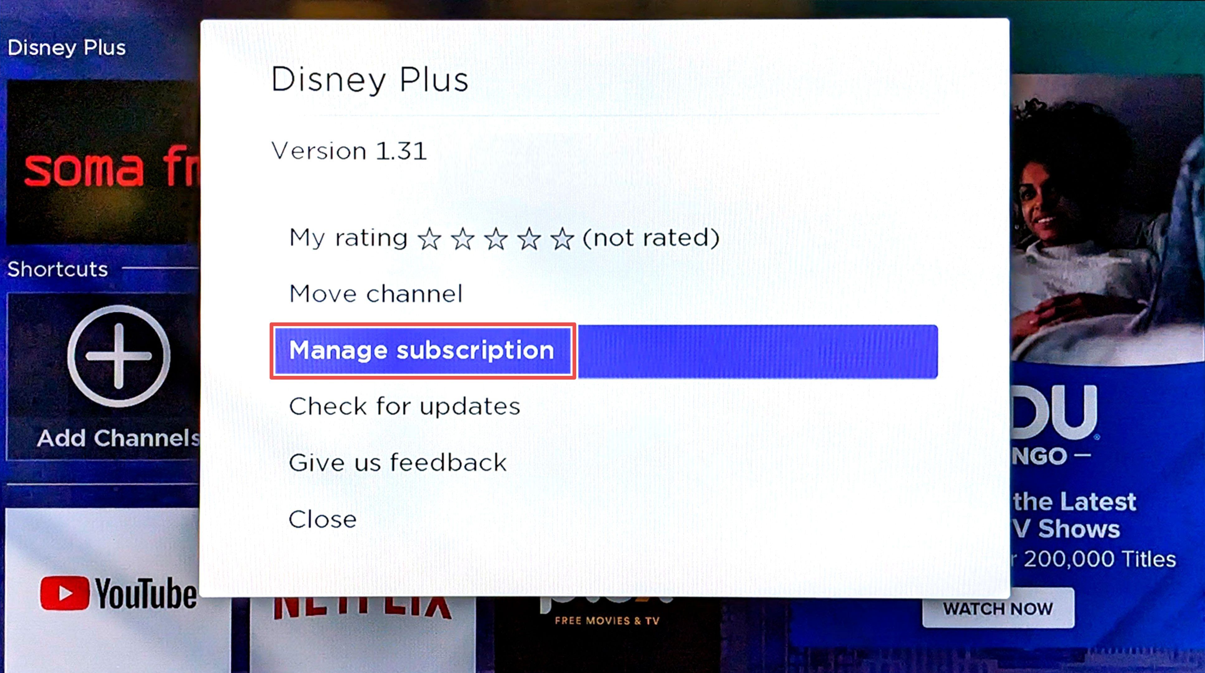 A opção Gerenciar assinatura do Disney Plus no Roku