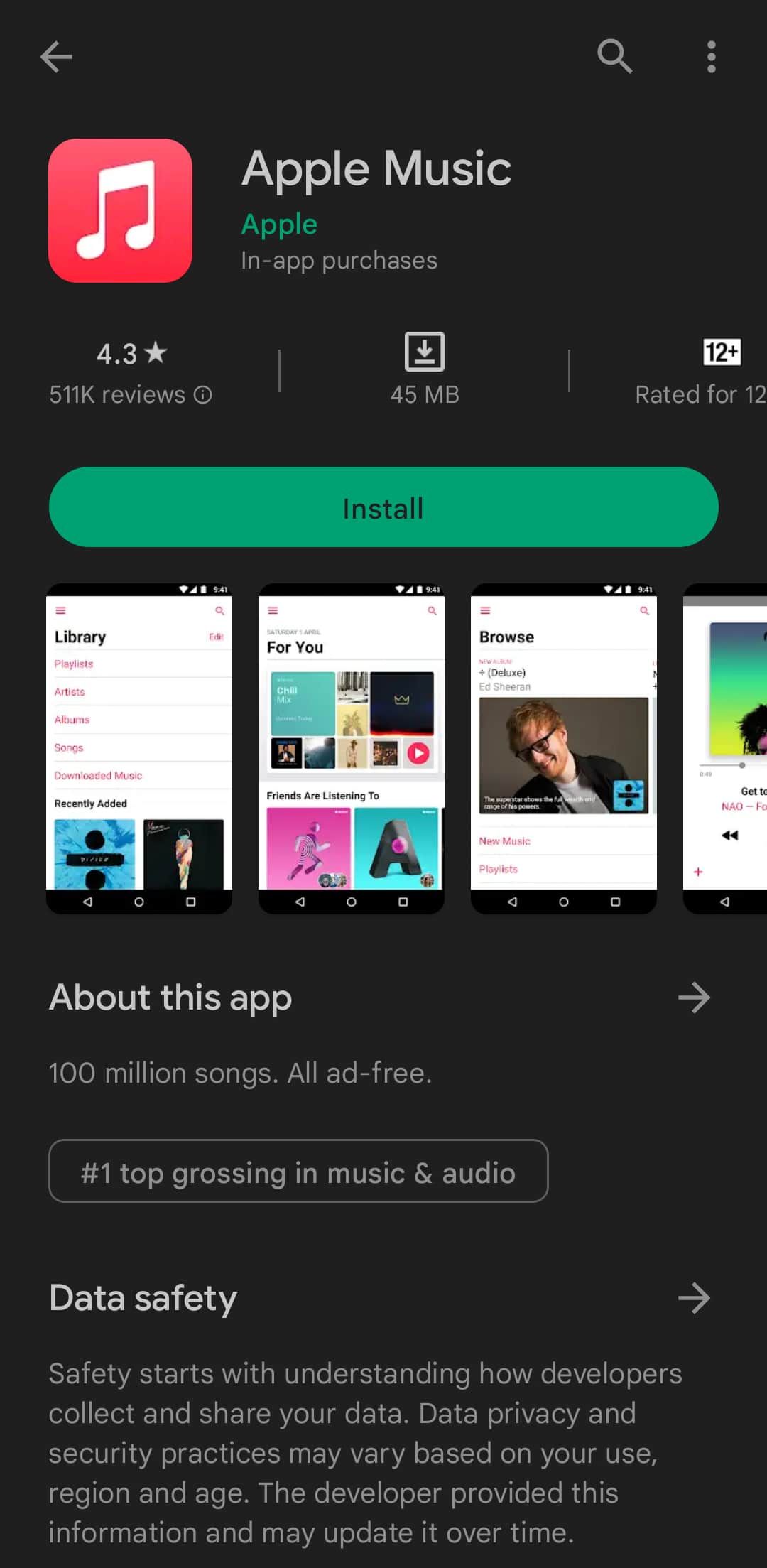 Captura de tela da página de informações do Apple Music na Google Play Store