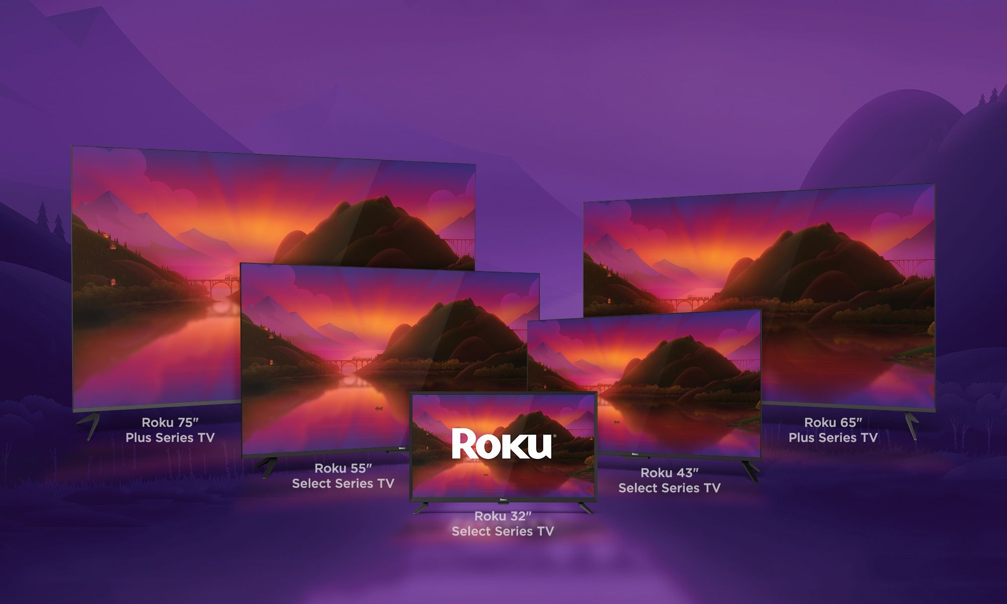 A linha de TV Roku com cinco TVs diferentes de tamanhos variados