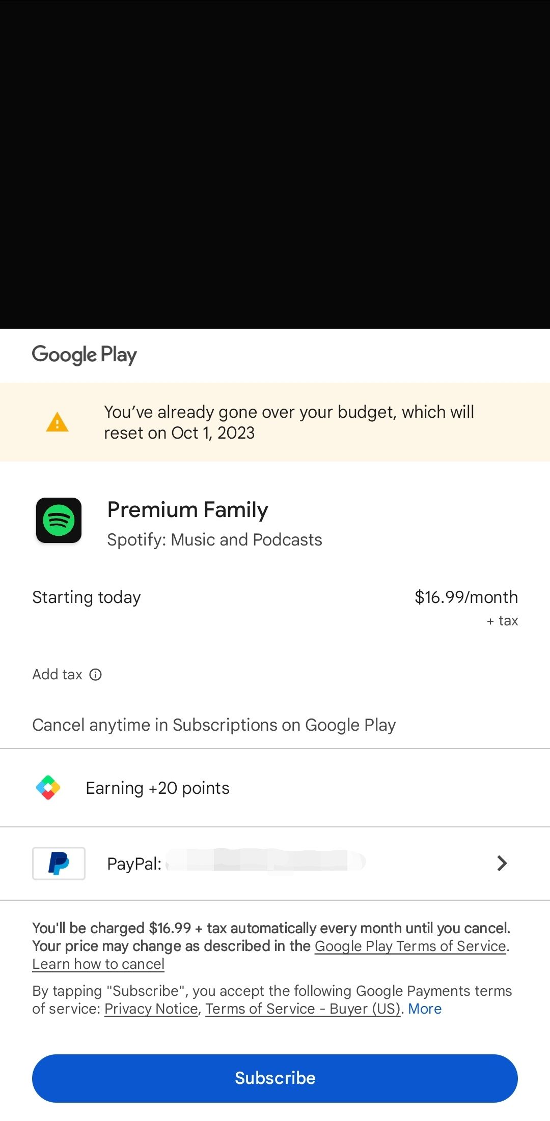 a finalização da compra do Google Play no aplicativo Spotify