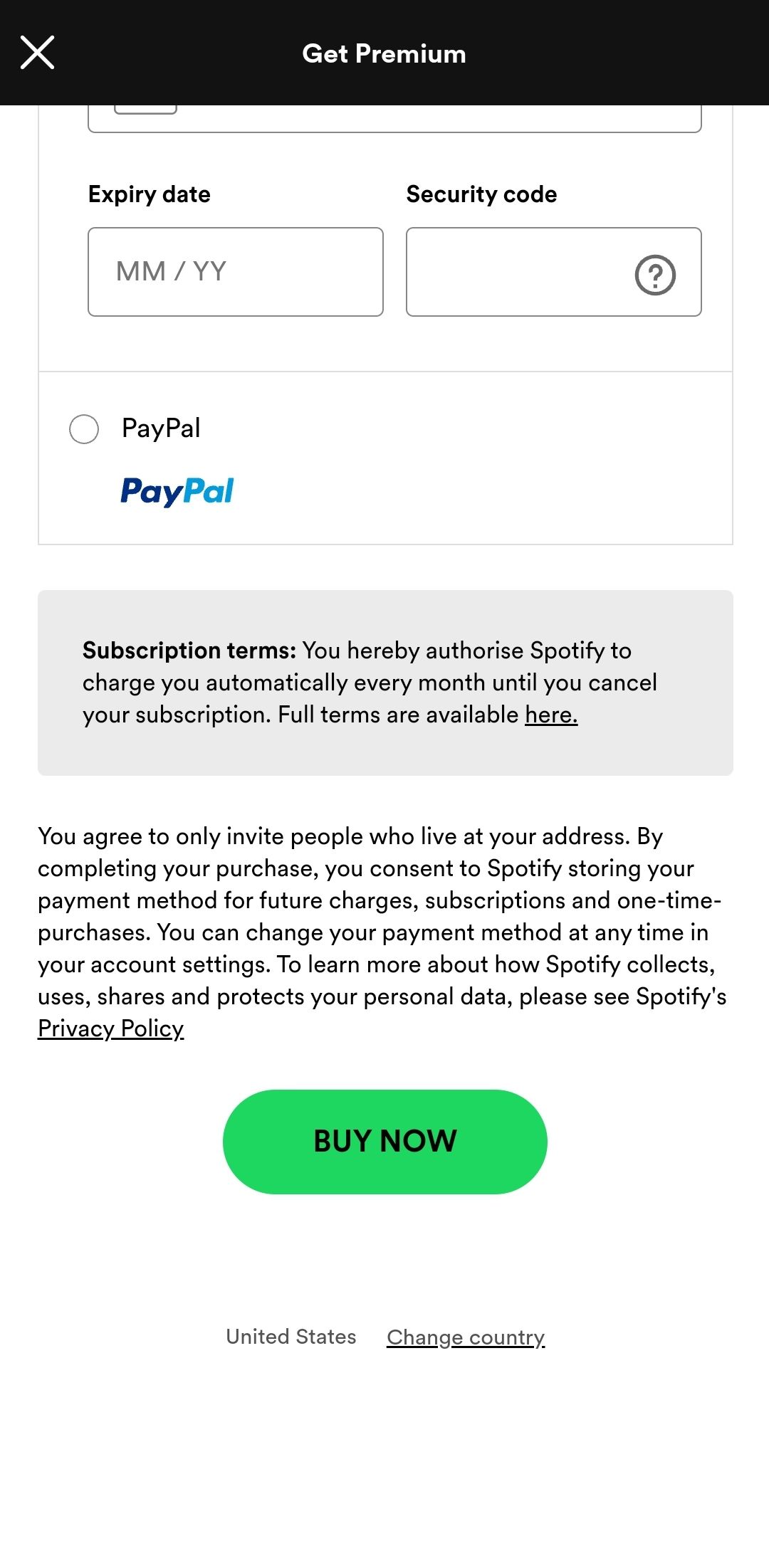 Check-out do Spotify no aplicativo