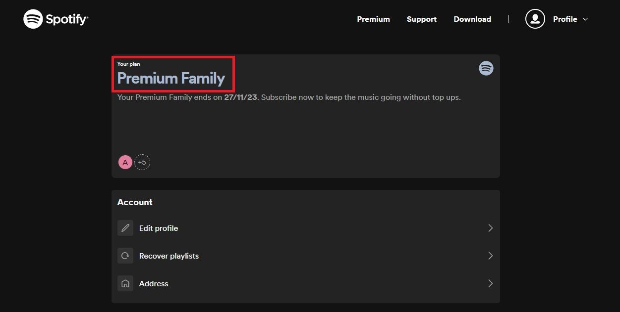 Captura de tela destacando a seção Premium Family no Spotify