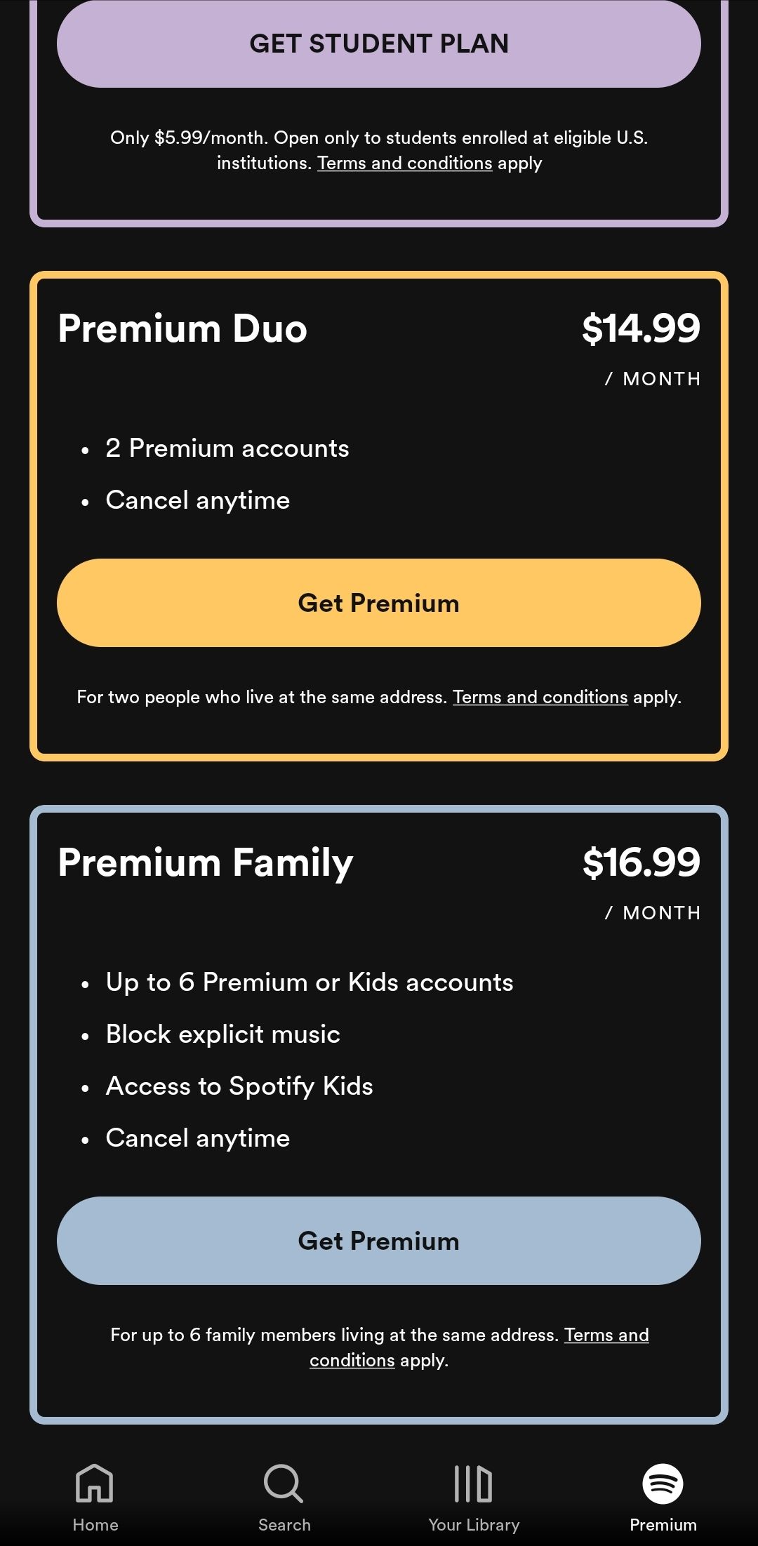 a opção Família Premium no aplicativo Spotify