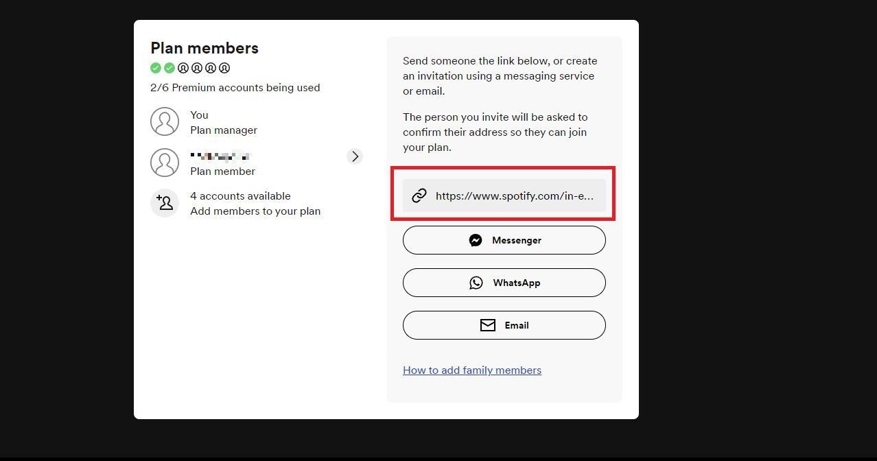 Captura de tela destacando a opção de copiar link para adicionar um membro ao Spotify Premium Family