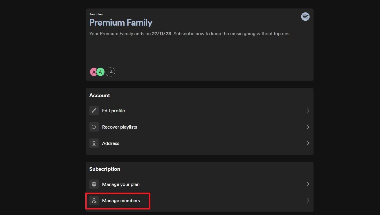 Captura de tela destacando 'Gerenciar membros' no Spotify Premium Family