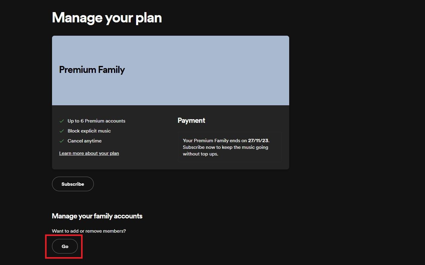 Captura de tela destacando a opção ‘Go’ no Spotify Premium Family
