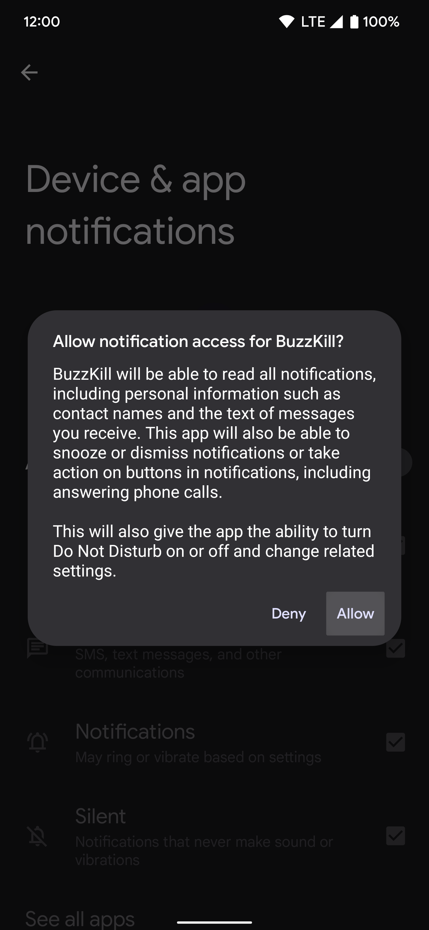 Uma captura de tela de um telefone Android perguntando se o usuário deseja permitir o acesso ao aplicativo BuzzKill.