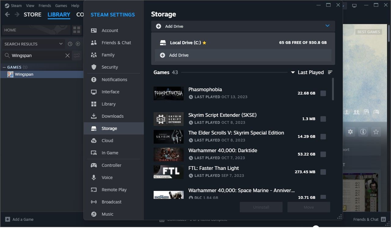 captura de tela da janela de armazenamento nas configurações do Steam na área de trabalho