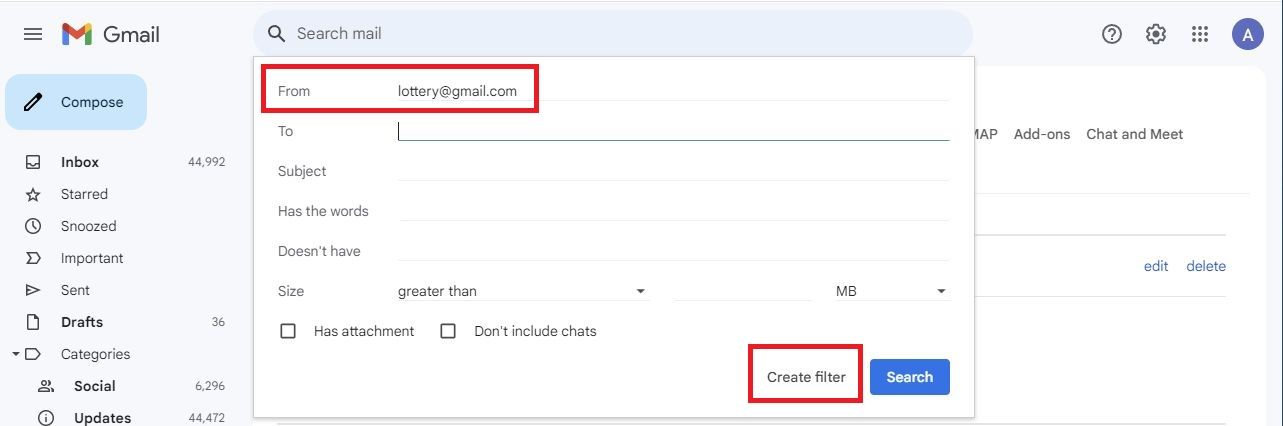 Captura de tela da opção ‘Criar filtro’ no Gmail