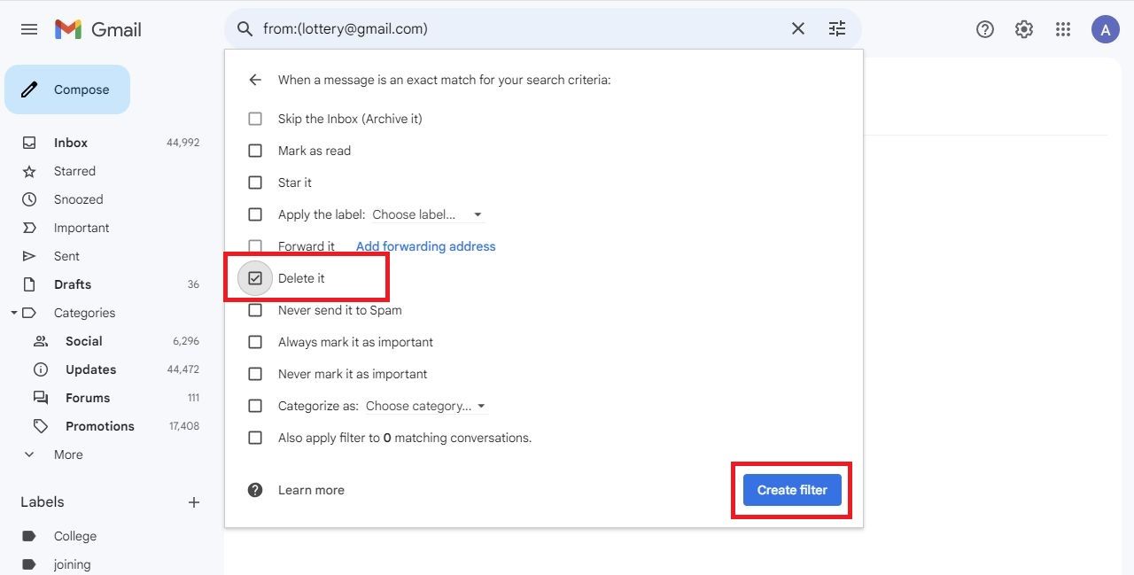 Captura de tela destacando as opções de filtro no Gmail