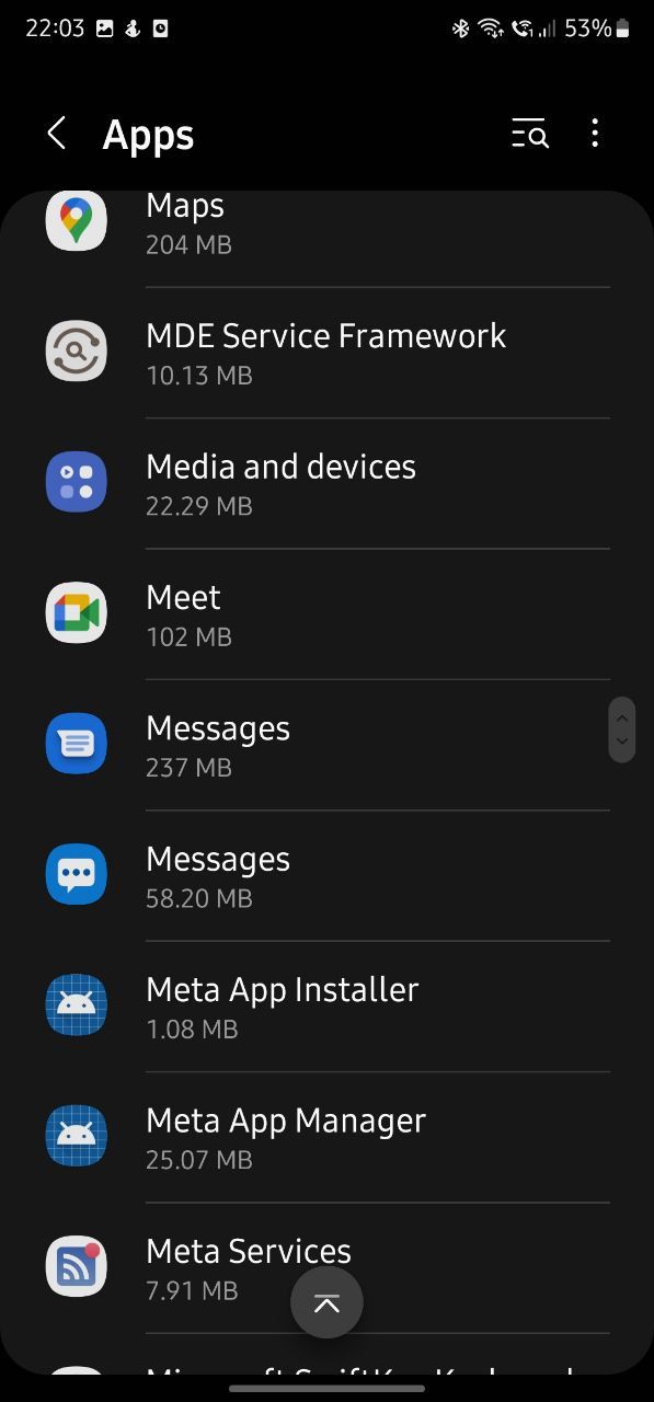 Captura de tela mostrando as configurações do Samsung App