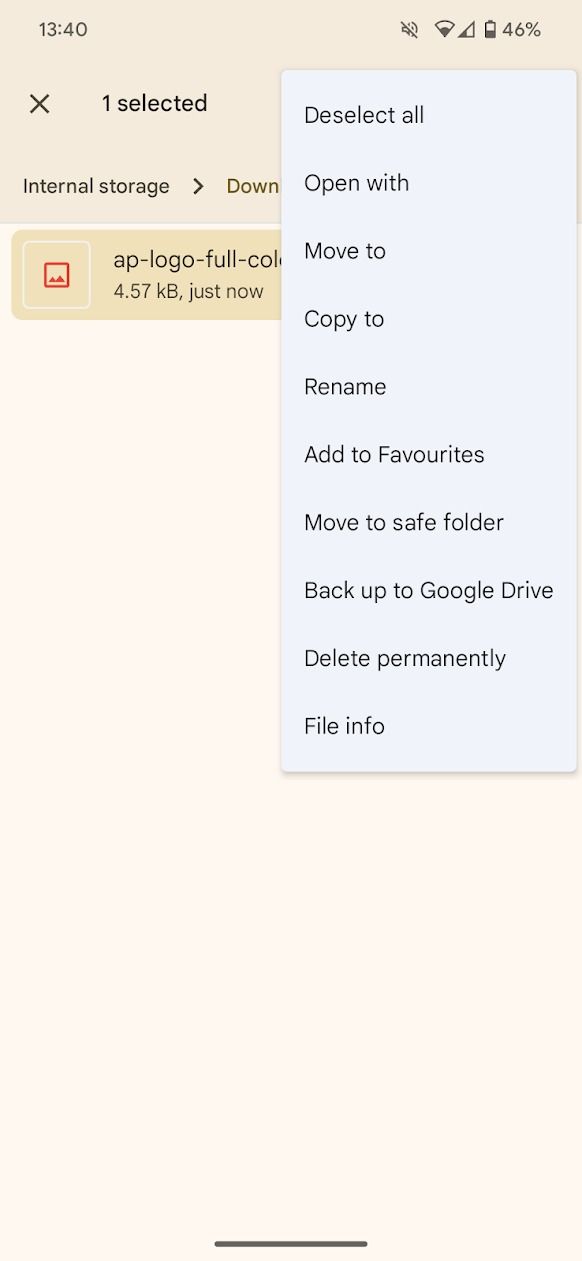 captura de tela das opções de arquivo em arquivos do Google app